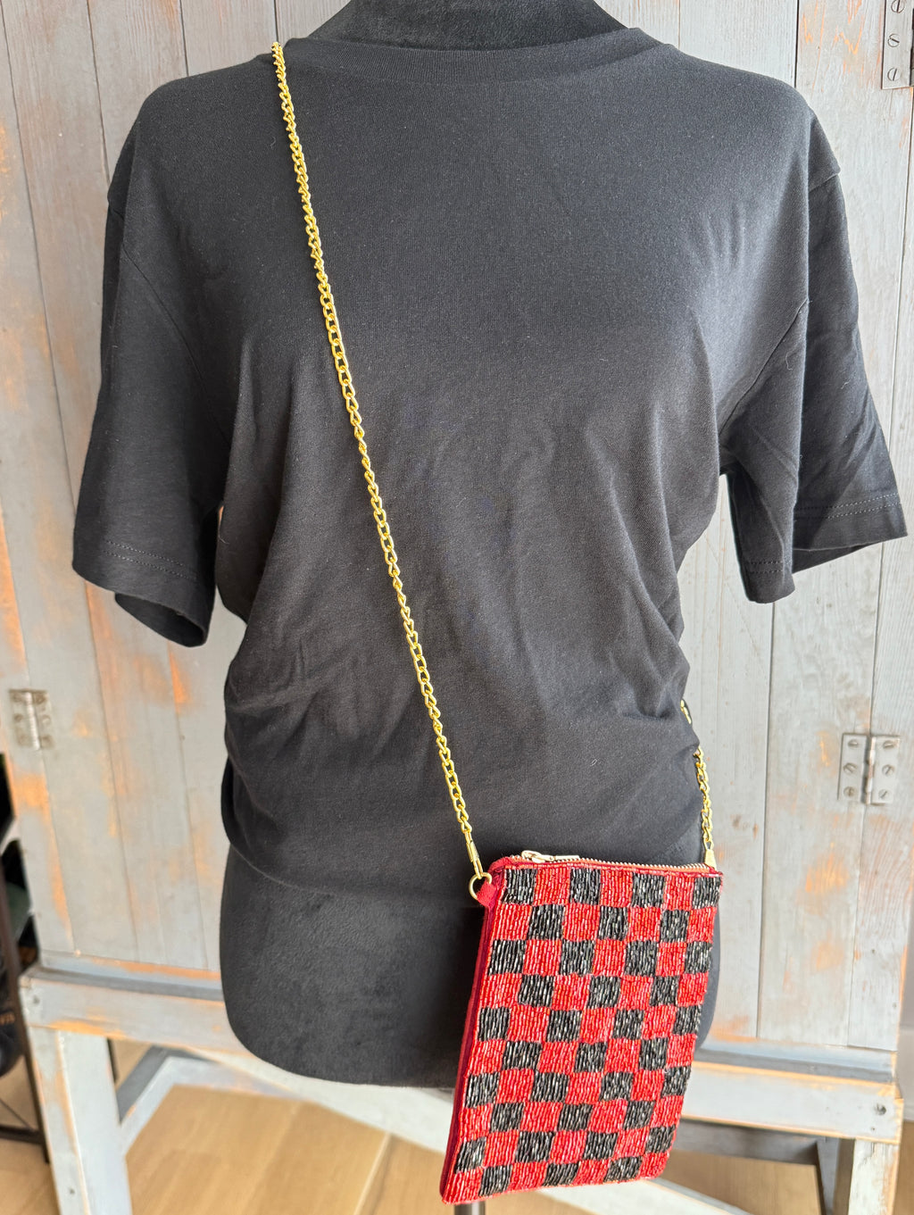 Checked Beaded Phone Purse