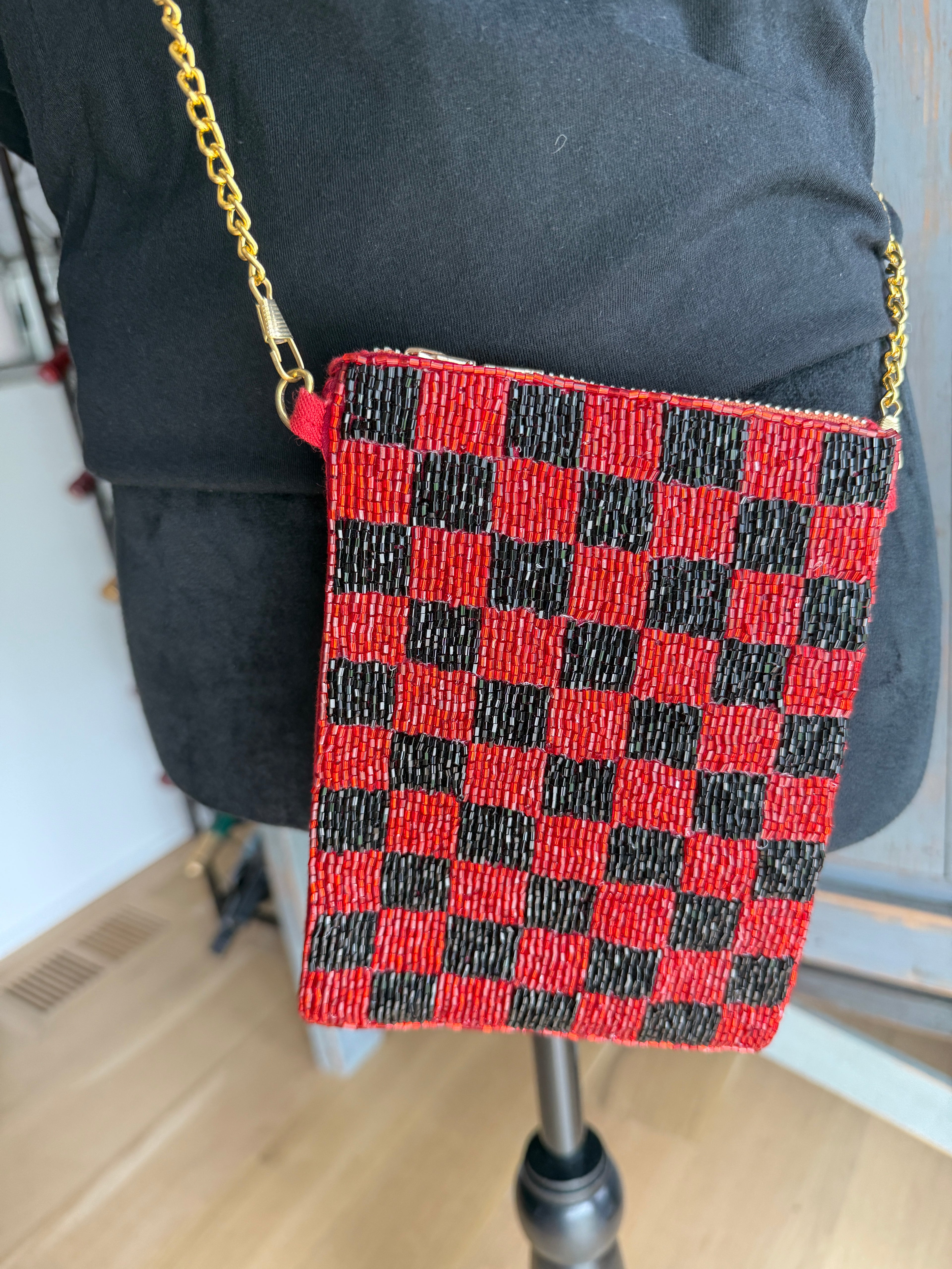 Checked Beaded Phone Purse