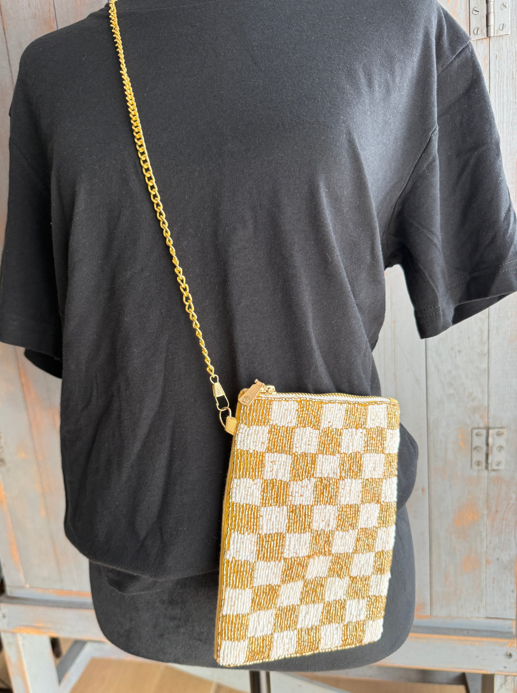 Checked Beaded Phone Purse