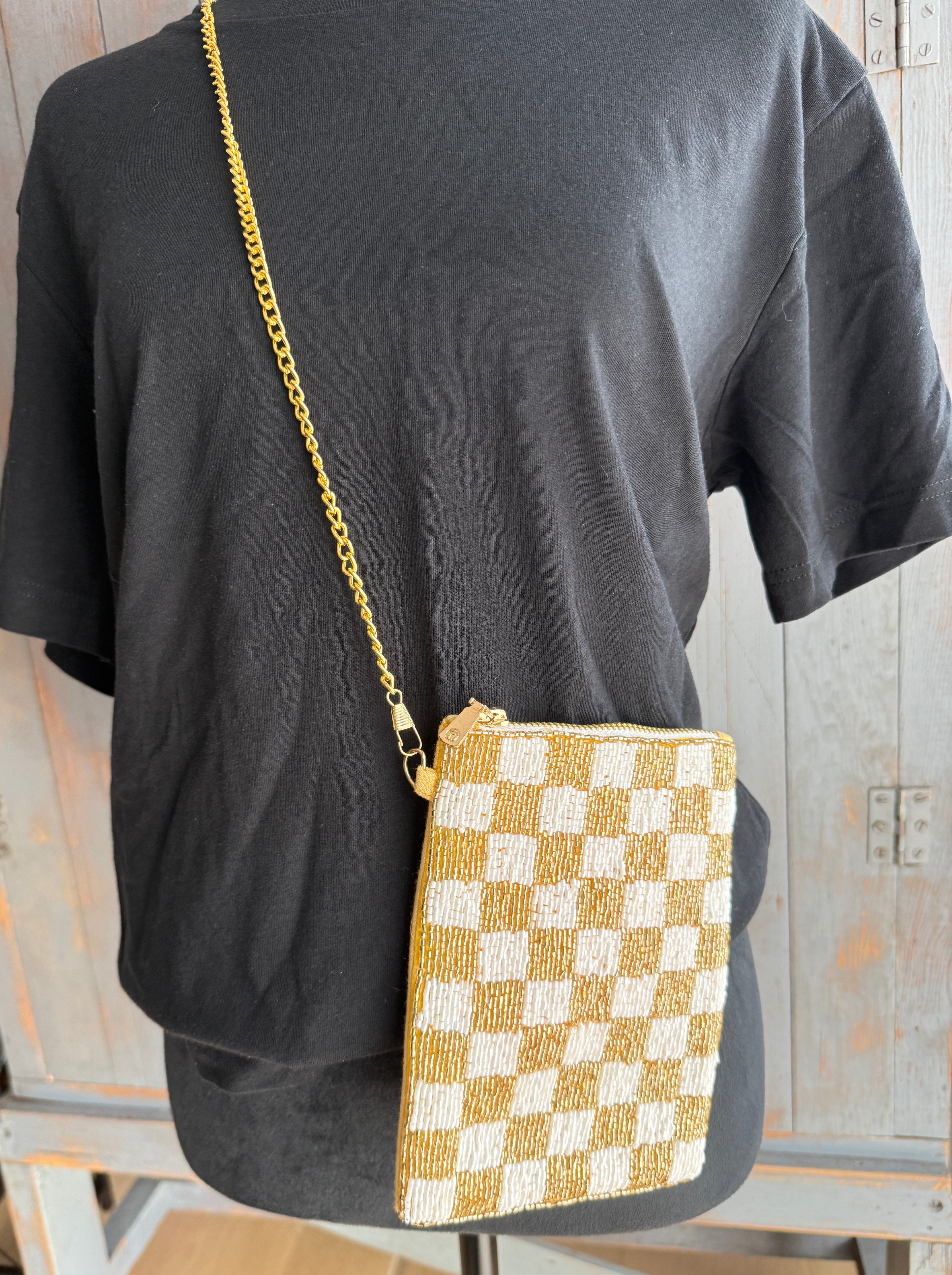 Checked Beaded Phone Purse