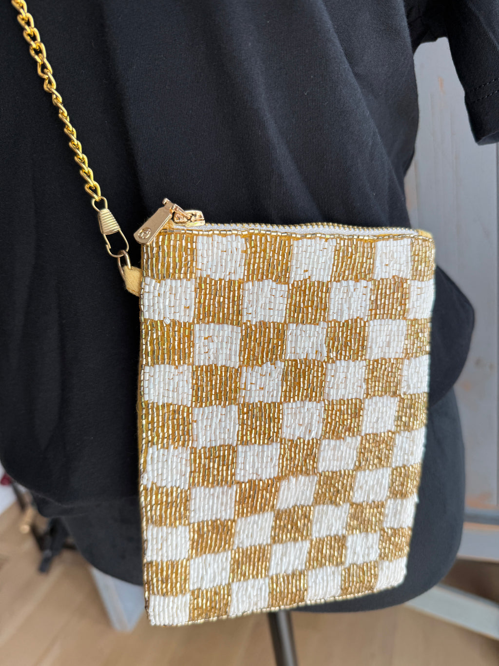 Checked Beaded Phone Purse