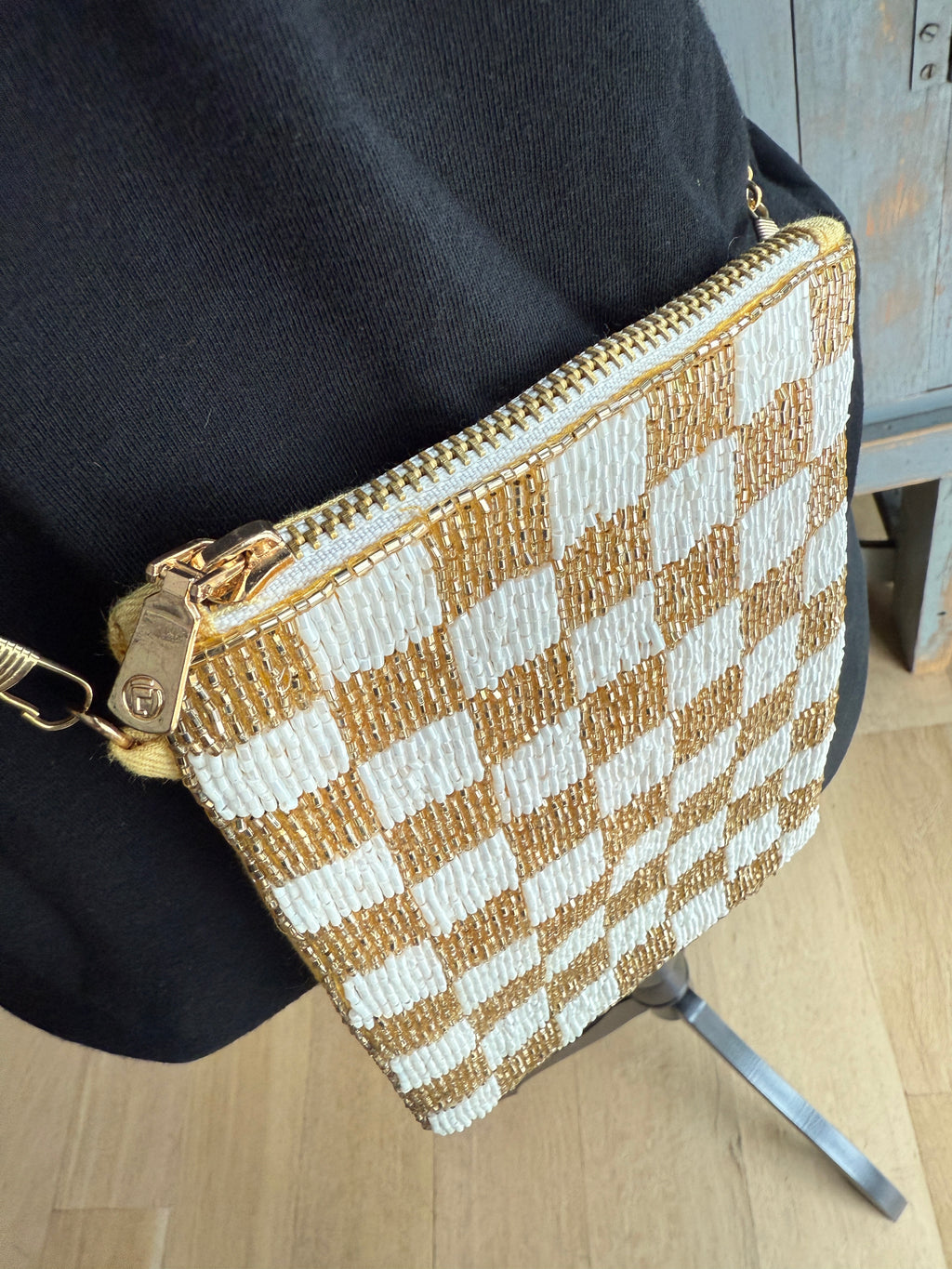 Checked Beaded Phone Purse