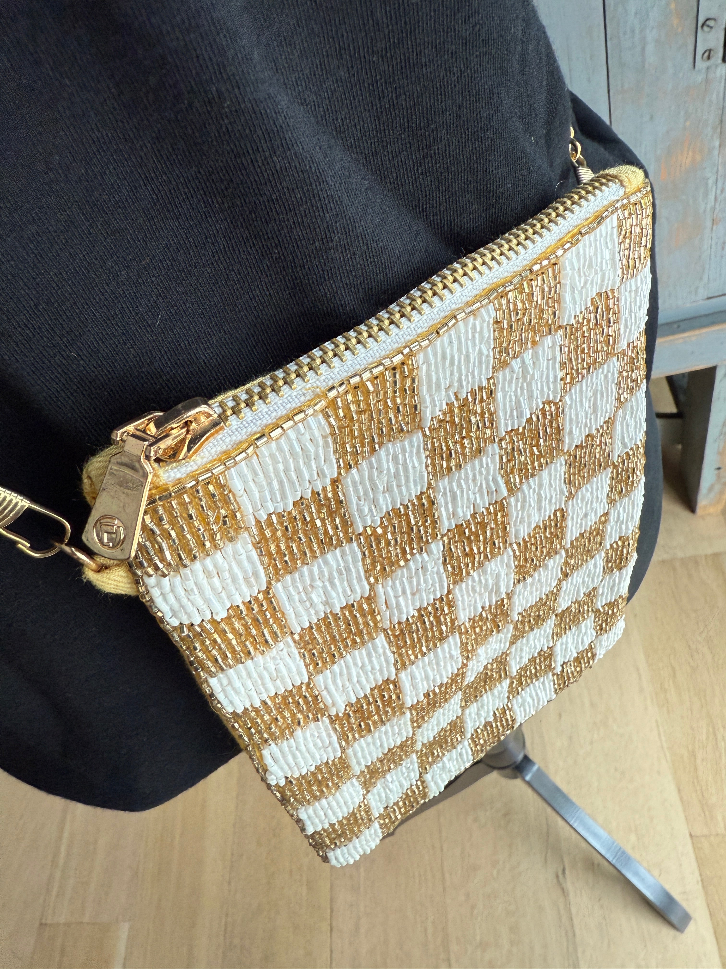 Checked Beaded Phone Purse